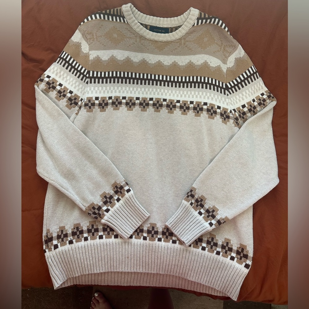 NWT Cotton On Men's Cream and Brown Crewneck Sweater